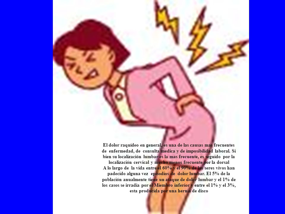 El dolor raquídeo en general, es una de las causas mas frecuentes de enfermedad, de consulta medica y de imposibilidad laboral. Si bien su localización lumbar es la mas frecuente, es seguido por la localización cervical y mucho menos frecuente por la dorsal