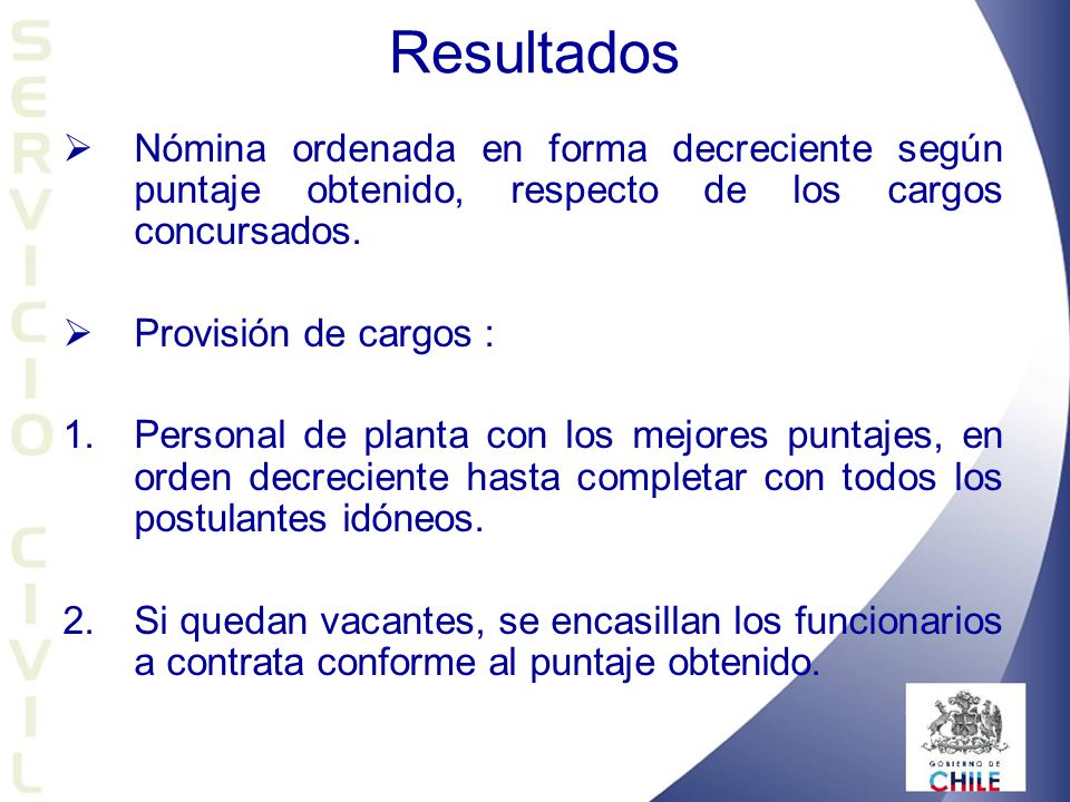 Resultados Nómina ordenada en forma decreciente según puntaje obtenido, respecto de los cargos concursados.