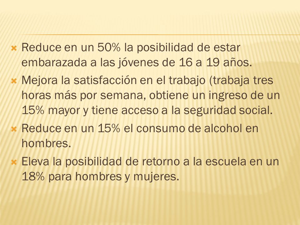 Reduce en un 50% la posibilidad de estar embarazada a las jóvenes de 16 a 19 años.