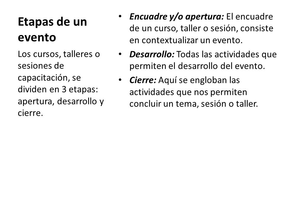 Etapas de un evento Encuadre y/o apertura: El encuadre de un curso, taller o sesión, consiste en contextualizar un evento.