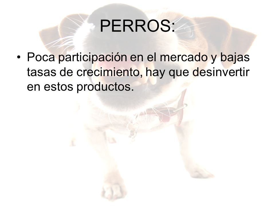 PERROS: Poca participación en el mercado y bajas tasas de crecimiento, hay que desinvertir en estos productos.