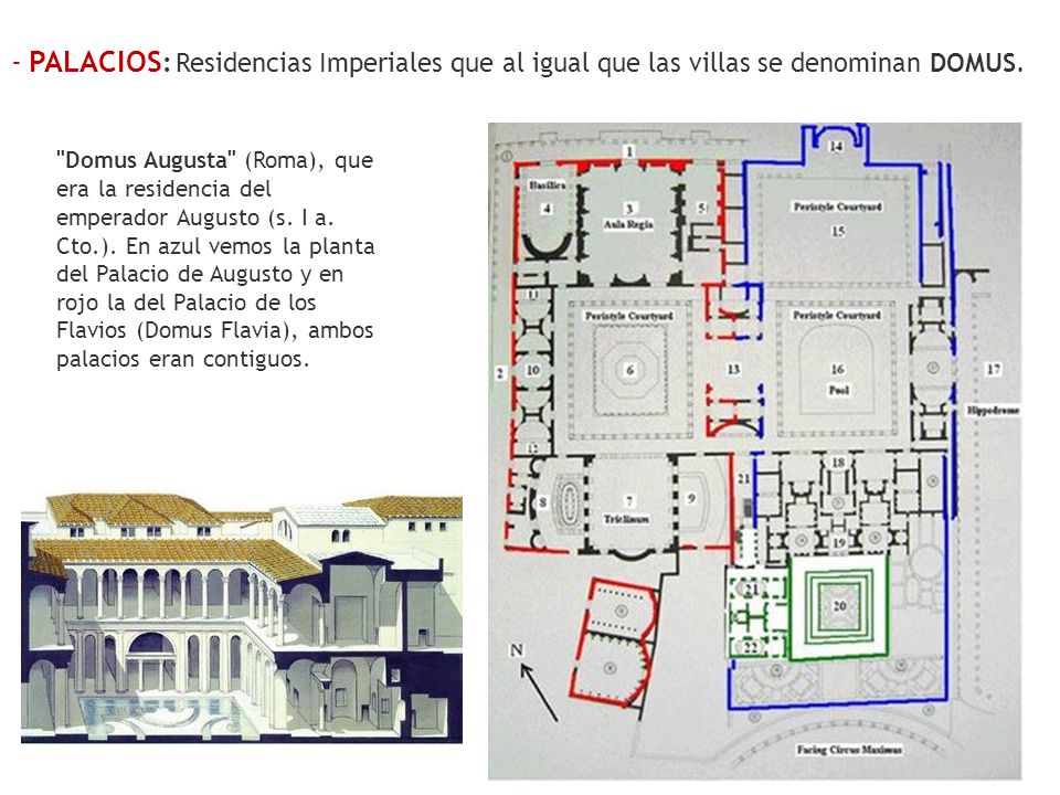- PALACIOS: Residencias Imperiales que al igual que las villas se denominan DOMUS.