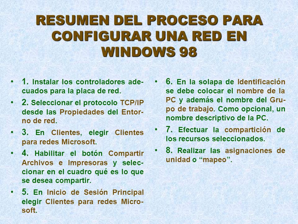 RESUMEN DEL PROCESO PARA CONFIGURAR UNA RED EN WINDOWS 98