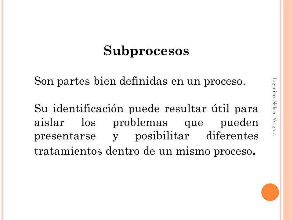 Subprocesos Son partes bien definidas en un proceso.