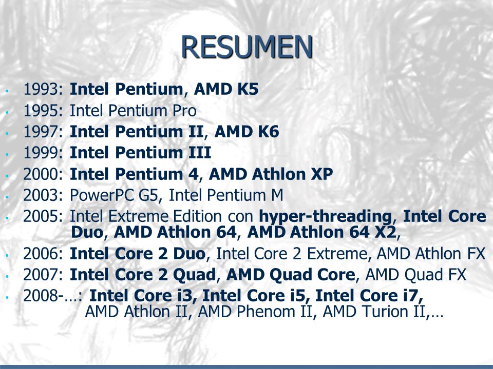 RESUMEN 1993: Intel Pentium, AMD K5 1995: Intel Pentium Pro