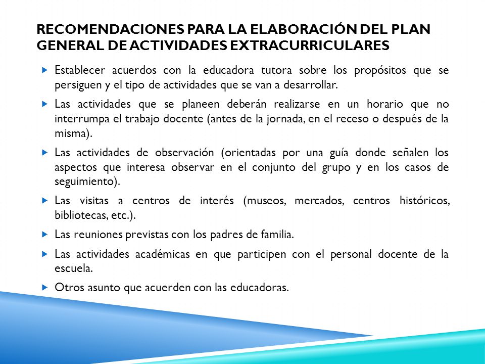 RECOMENDACIONES PARA LA ELABORACIÓN DEL PLAN GENERAL DE ACTIVIDADES EXTRACURRICULARES