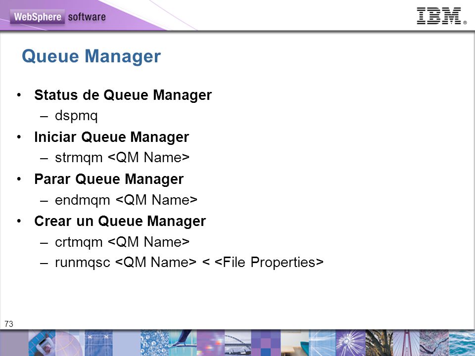 Queue Manager Status de Queue Manager dspmq Iniciar Queue Manager
