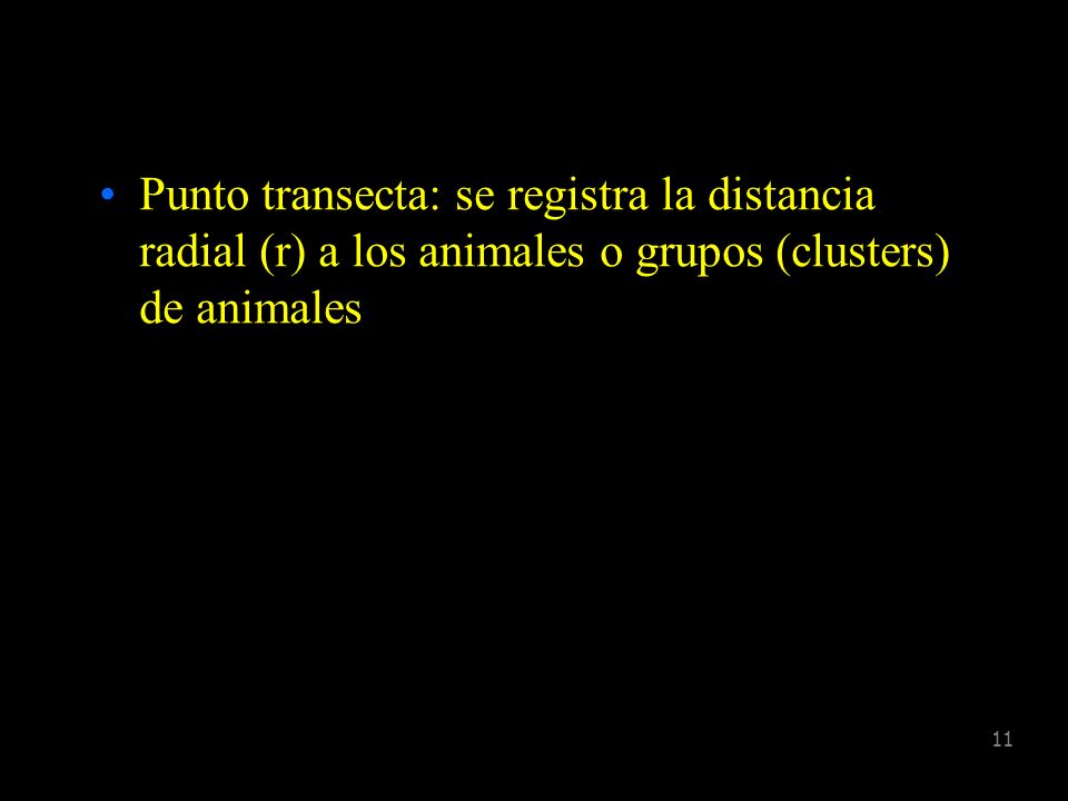 Punto transecta: se registra la distancia radial (r) a los animales o grupos (clusters) de animales