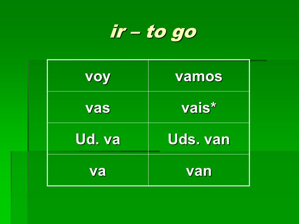 ir – to go voy vamos vas vais* Ud. va Uds. van va van