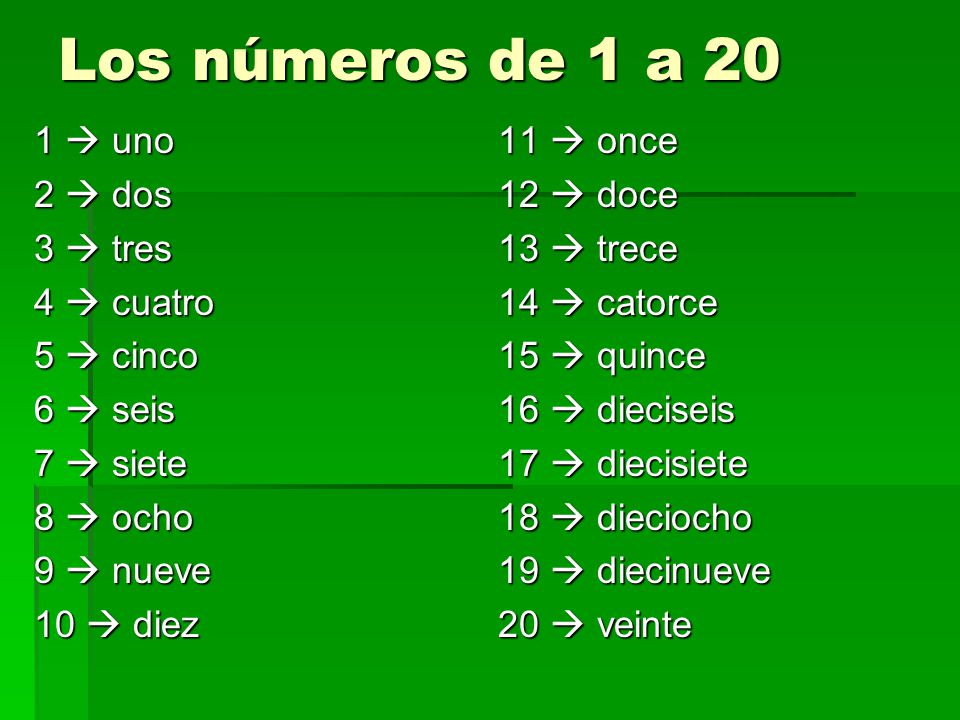 Los números de 1 a 20 1  uno 2  dos 3  tres 4  cuatro 5  cinco