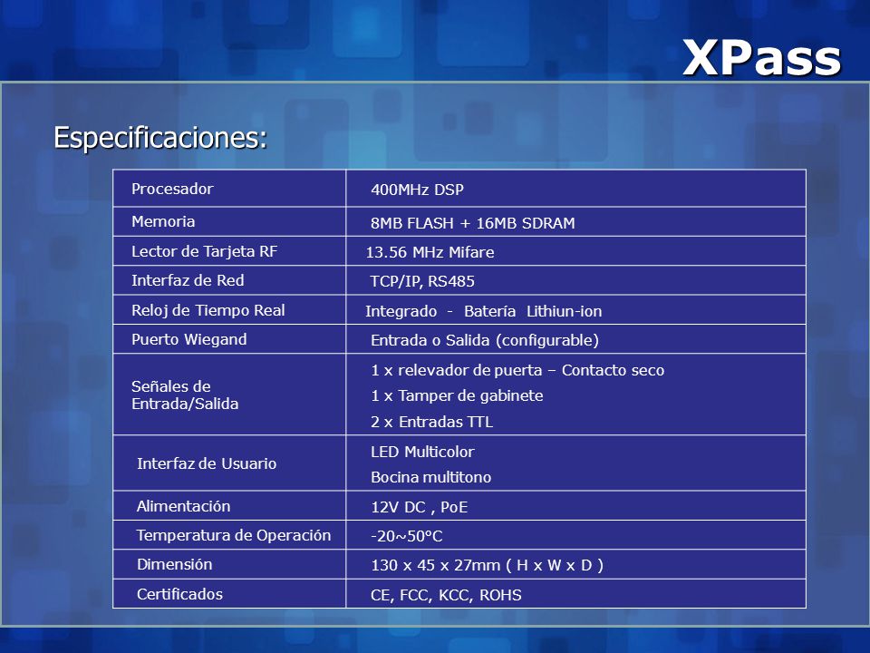 XPass Especificaciones: 400MHz DSP Procesador 8MB FLASH + 16MB SDRAM