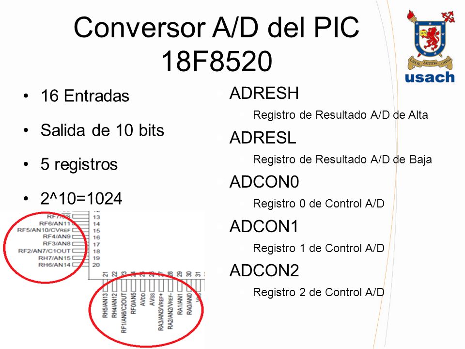 Conversor A/D del PIC 18F Entradas ADRESH Salida de 10 bits