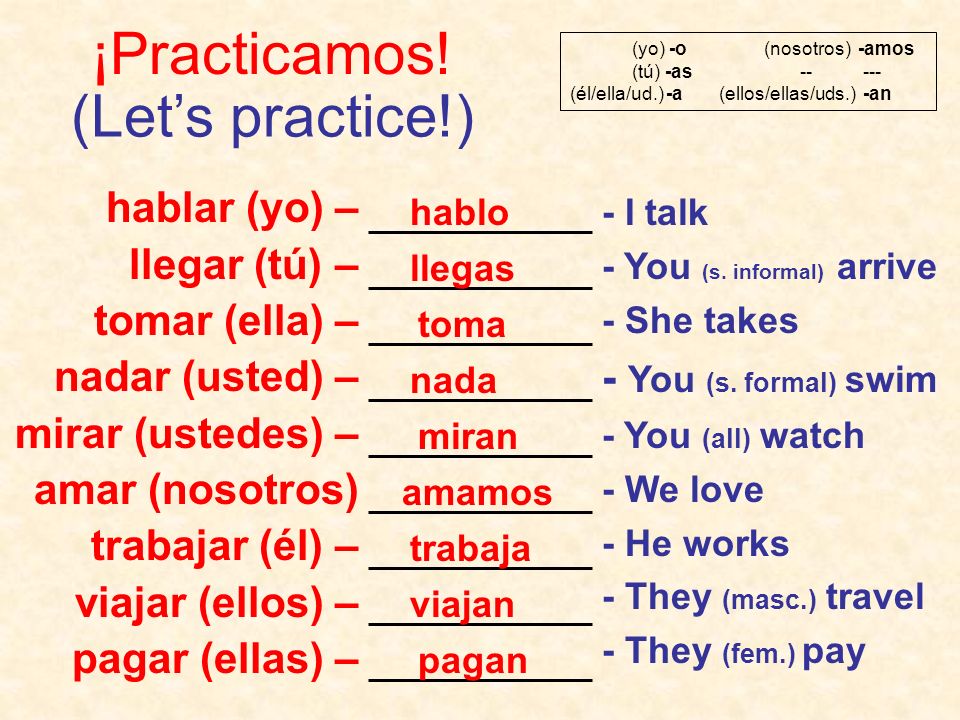 ¡Practicamos! (Let’s practice!) hablar (yo) – llegar (tú) –