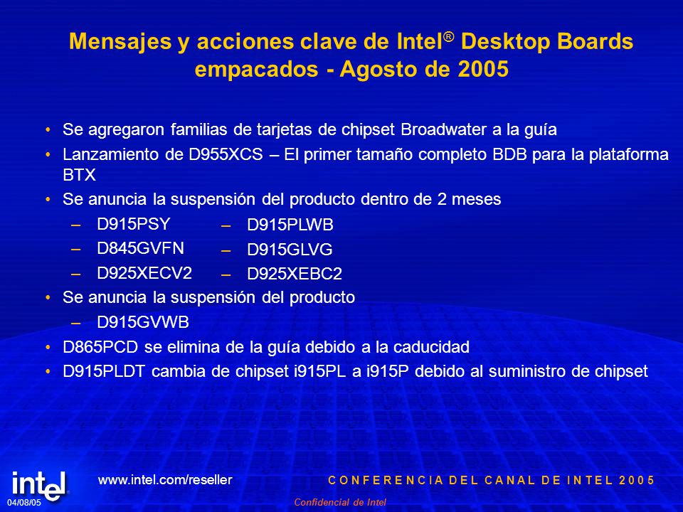 Mensajes y acciones clave de Intel® Desktop Boards empacados - Agosto de 2005
