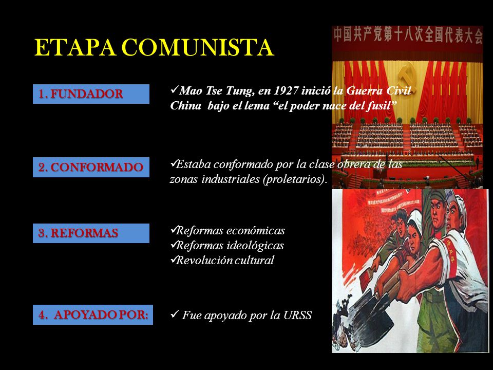 ETAPA COMUNISTA Mao Tse Tung, en 1927 inició la Guerra Civil China bajo el lema el poder nace del fusil