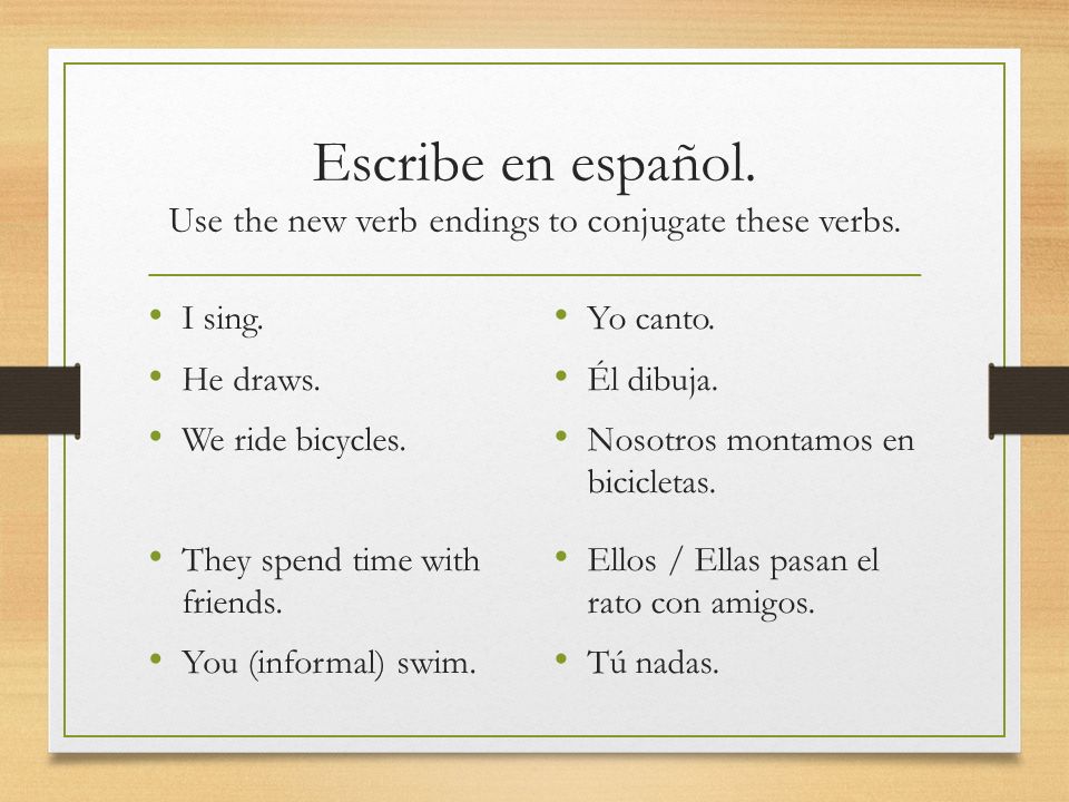 Escribe en español. Use the new verb endings to conjugate these verbs.