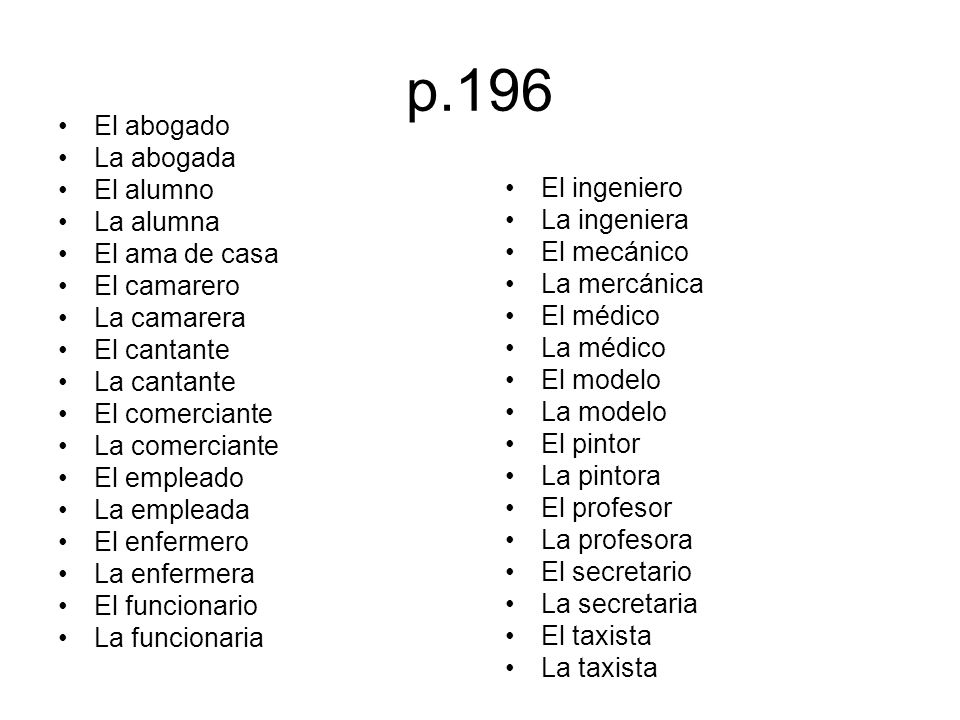 p.196 El abogado La abogada El alumno La alumna El ama de casa
