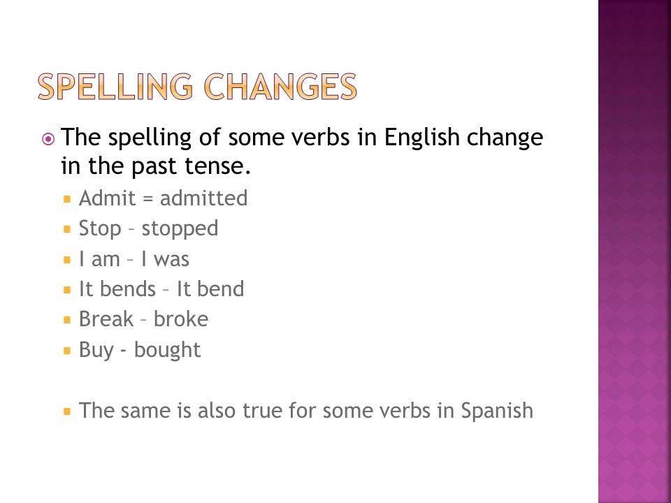 Spelling changes The spelling of some verbs in English change in the past tense. Admit = admitted.