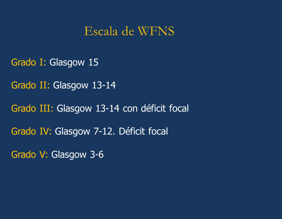 Escala de WFNS Grado I: Glasgow 15. Grado II: Glasgow Grado III: Glasgow con déficit focal.