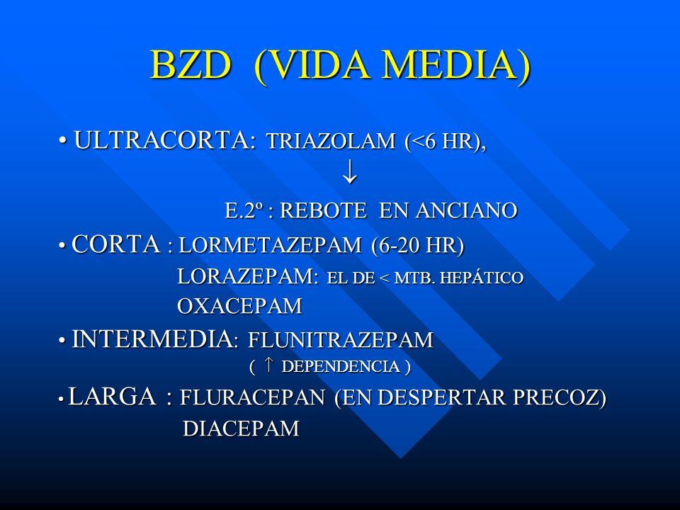 BZD (VIDA MEDIA) • ULTRACORTA: TRIAZOLAM (<6 HR), 