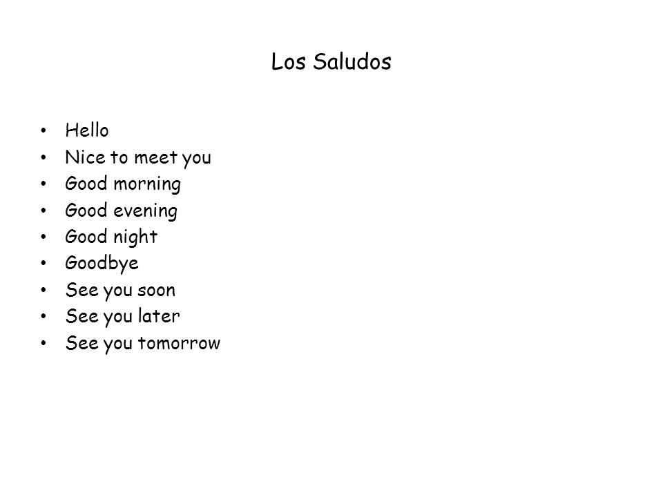 Los Saludos Hello Nice to meet you Good morning Good evening