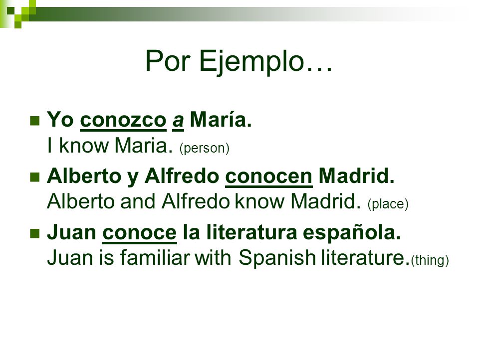 Por Ejemplo… Yo conozco a María. I know Maria. (person)