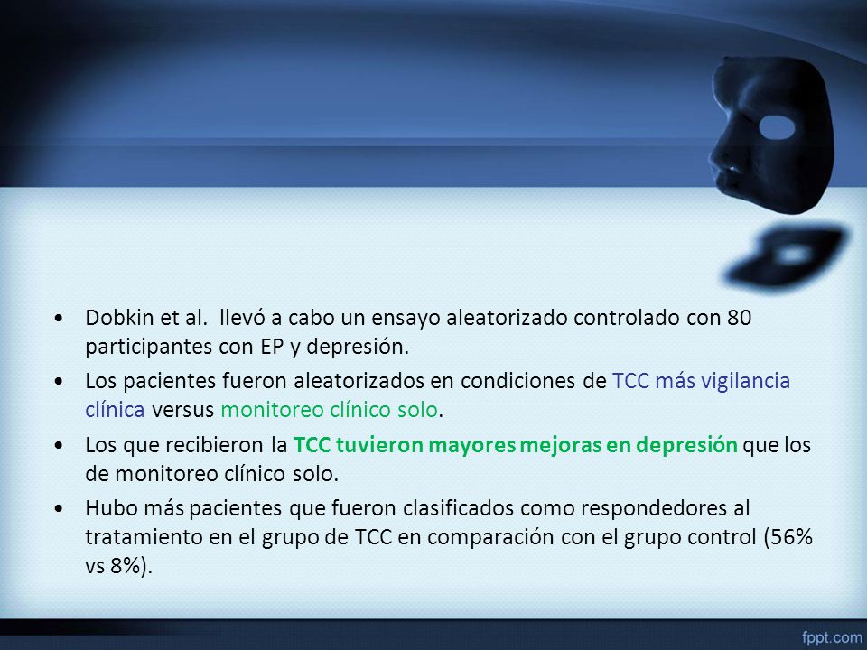 Dobkin et al. llevó a cabo un ensayo aleatorizado controlado con 80 participantes con EP y depresión.