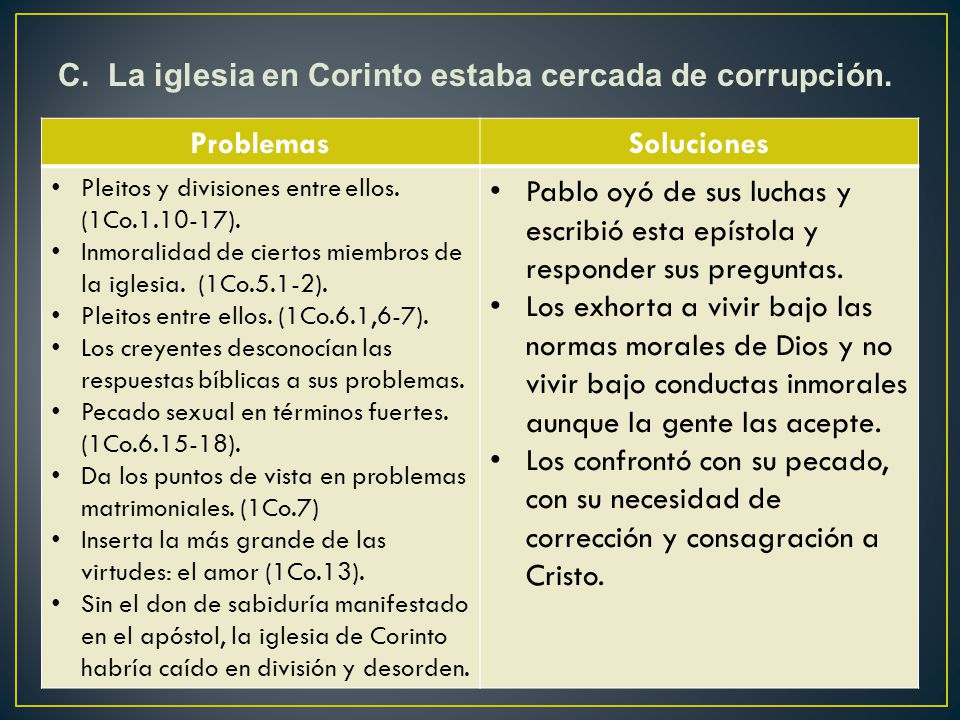 C. La iglesia en Corinto estaba cercada de corrupción. Problemas