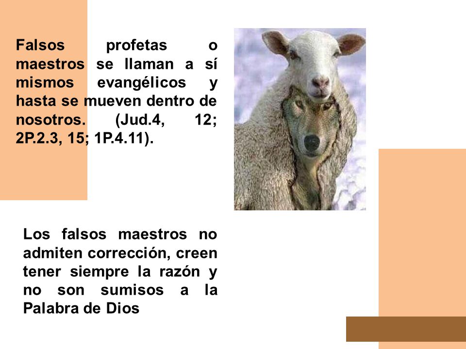 Falsos profetas o maestros se llaman a sí mismos evangélicos y hasta se mueven dentro de nosotros. (Jud.4, 12; 2P.2.3, 15; 1P.4.11).