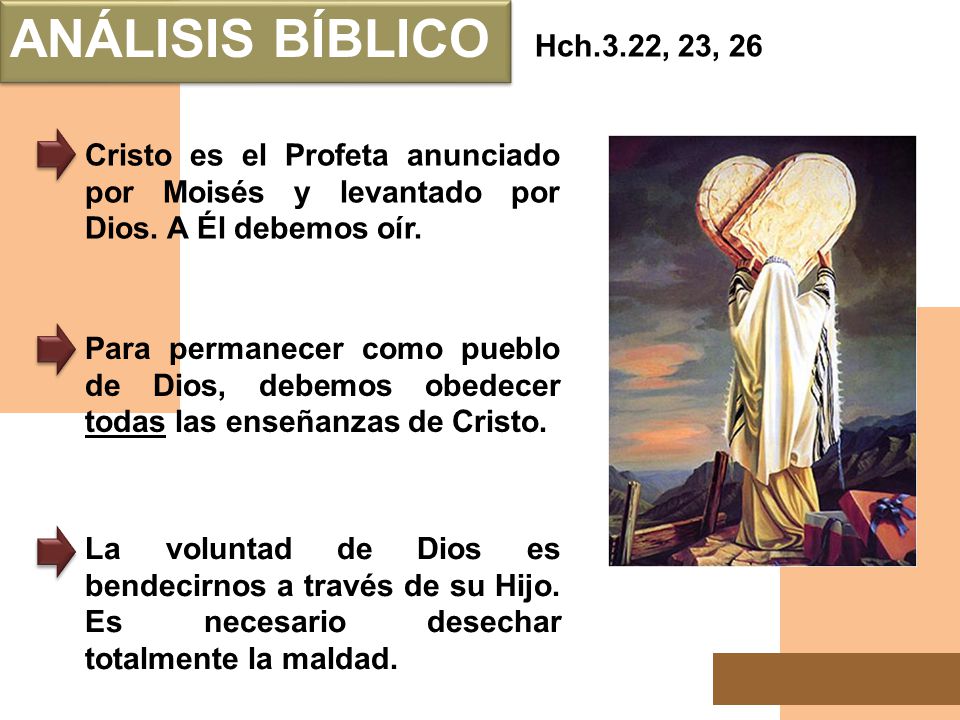 ANÁLISIS BÍBLICO Hch.3.22, 23, 26. Cristo es el Profeta anunciado por Moisés y levantado por Dios. A Él debemos oír.