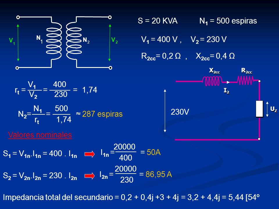 S = 20 KVA N1 = 500 espiras V1 = 400 V , V2 = 230 V