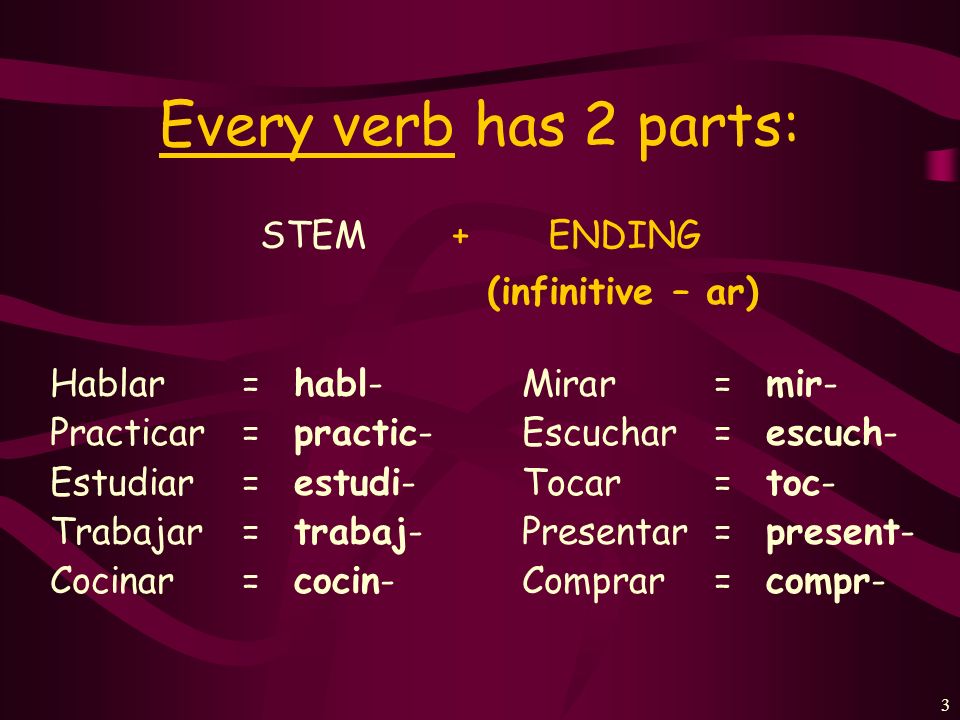 Every verb has 2 parts: STEM + ENDING (infinitive – ar) Hablar = habl-
