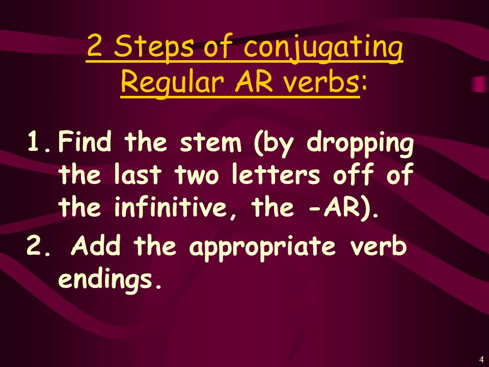 2 Steps of conjugating Regular AR verbs: