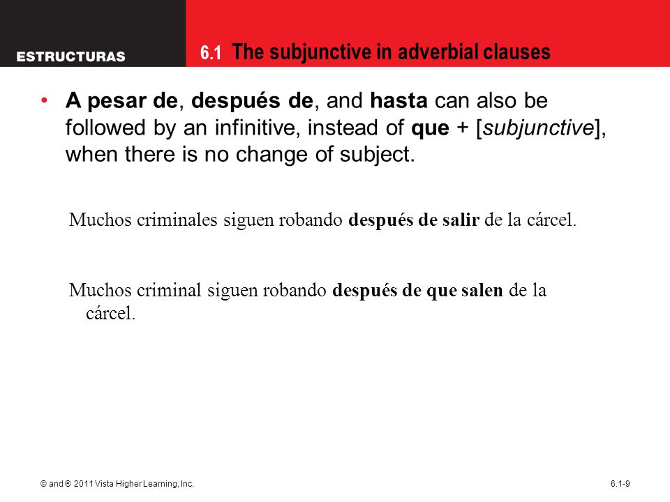 A pesar de, después de, and hasta can also be followed by an infinitive, instead of que + [subjunctive], when there is no change of subject.