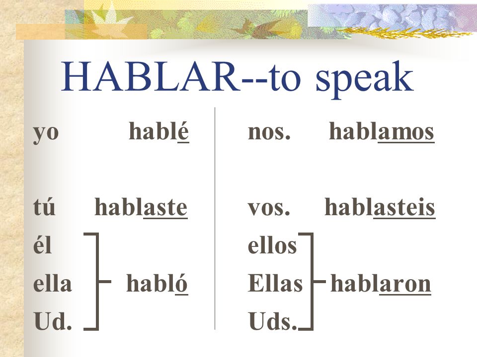 HABLAR--to speak yo hablé tú hablaste él ella habló Ud. nos. hablamos