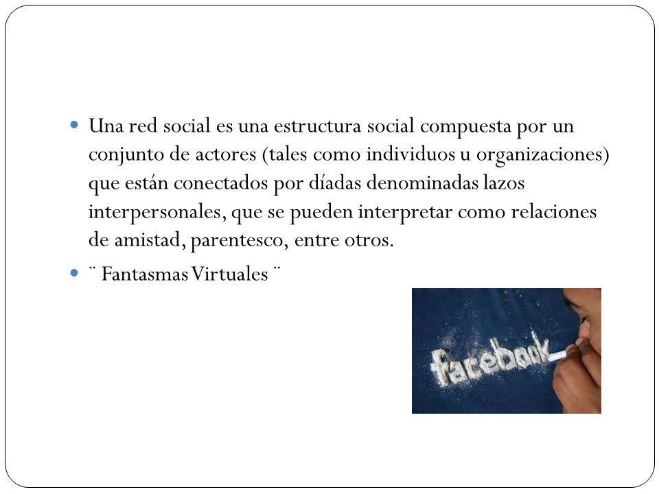 Una red social es una estructura social compuesta por un conjunto de actores (tales como individuos u organizaciones) que están conectados por díadas denominadas lazos interpersonales, que se pueden interpretar como relaciones de amistad, parentesco, entre otros.