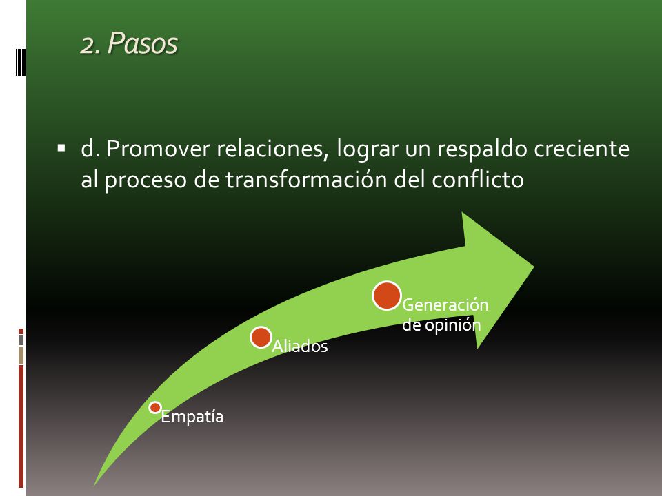 2. Pasos d. Promover relaciones, lograr un respaldo creciente al proceso de transformación del conflicto.