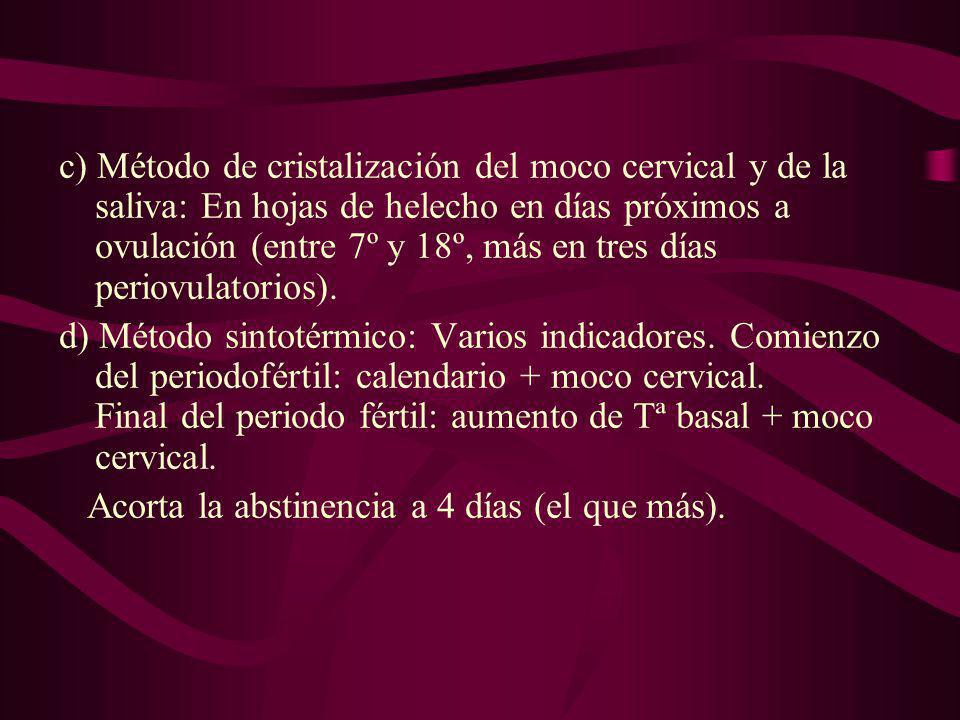 c) Método de cristalización del moco cervical y de la saliva: En hojas de helecho en días próximos a ovulación (entre 7º y 18º, más en tres días periovulatorios).