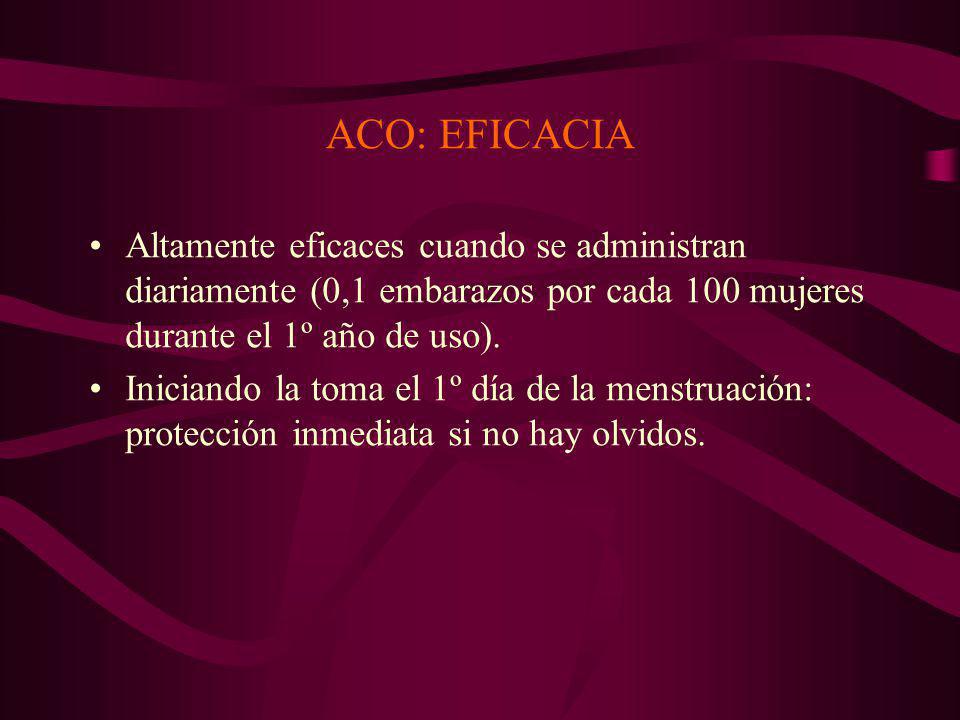 ACO: EFICACIA Altamente eficaces cuando se administran diariamente (0,1 embarazos por cada 100 mujeres durante el 1º año de uso).