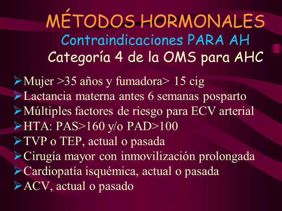 MÉTODOS HORMONALES Contraindicaciones PARA AH Categoría 4 de la OMS para AHC