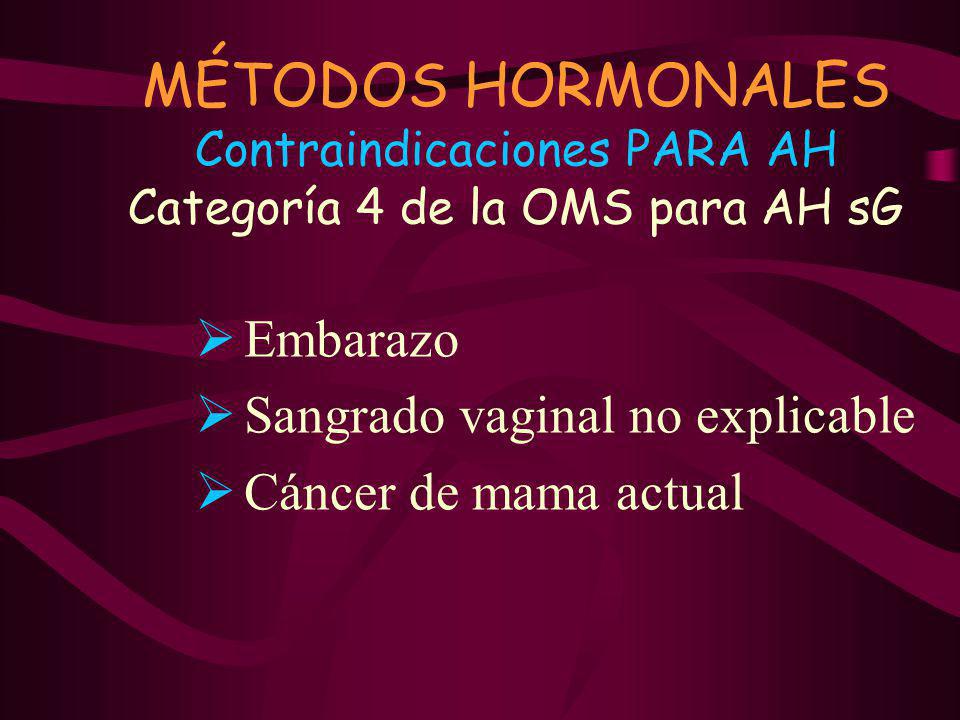 MÉTODOS HORMONALES Contraindicaciones PARA AH Categoría 4 de la OMS para AH sG