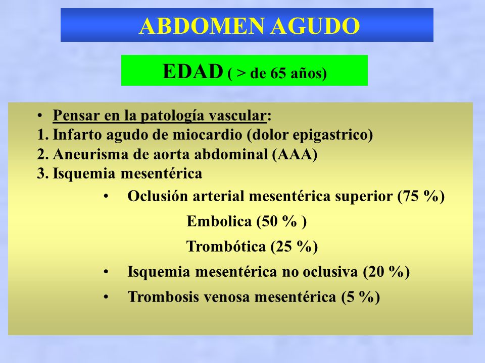 ABDOMEN AGUDO EDAD ( > de 65 años) Pensar en la patología vascular: