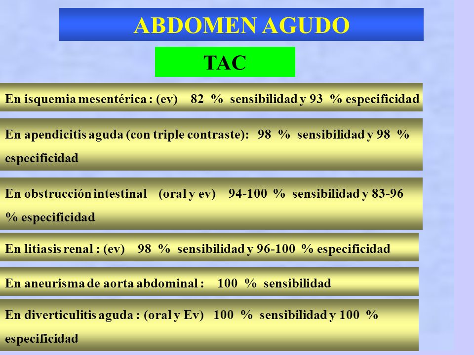 ABDOMEN AGUDO TAC. En isquemia mesentérica : (ev) 82 % sensibilidad y 93 % especificidad.
