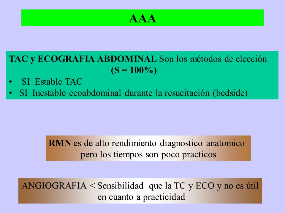 AAA TAC y ECOGRAFIA ABDOMINAL Son los métodos de elección (S = 100%)