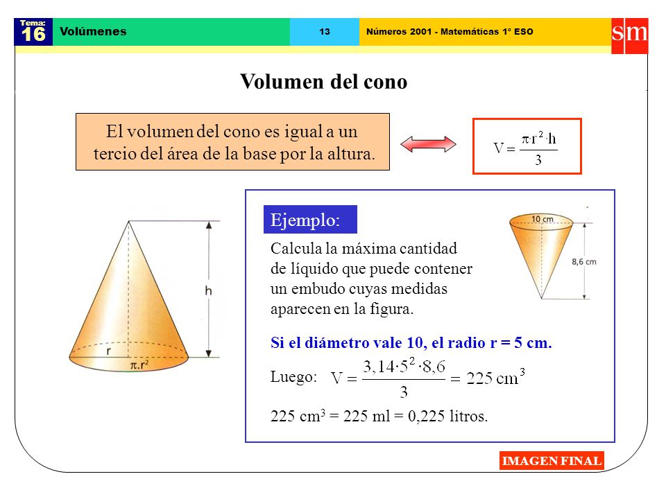 Volumen del cono 16 El volumen del cono es igual a un