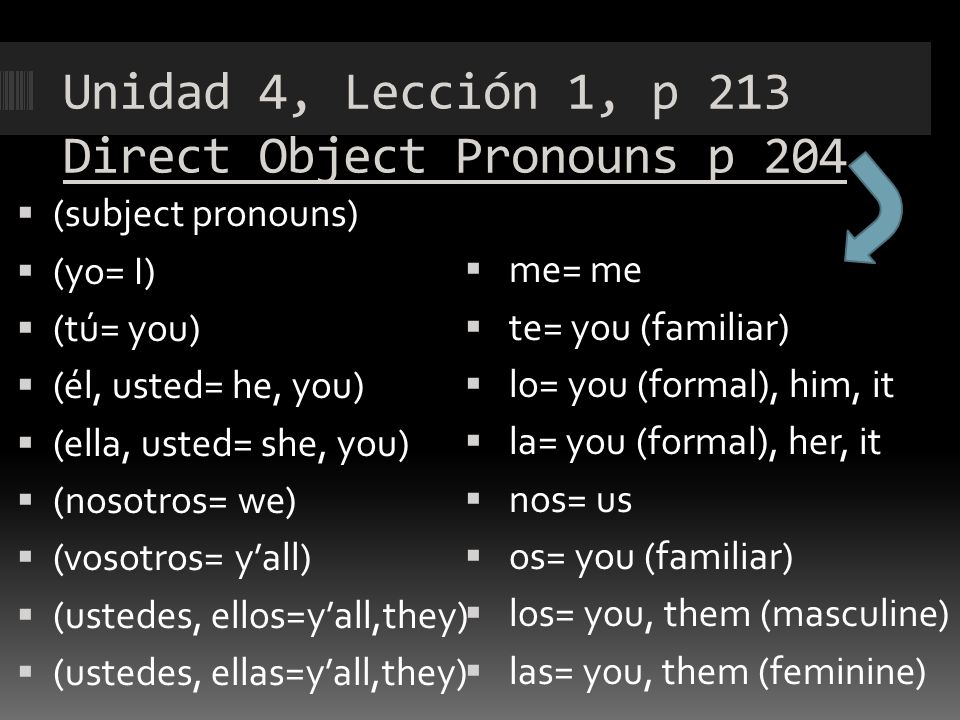 Unidad 4, Lección 1, p 213 Direct Object Pronouns p 204