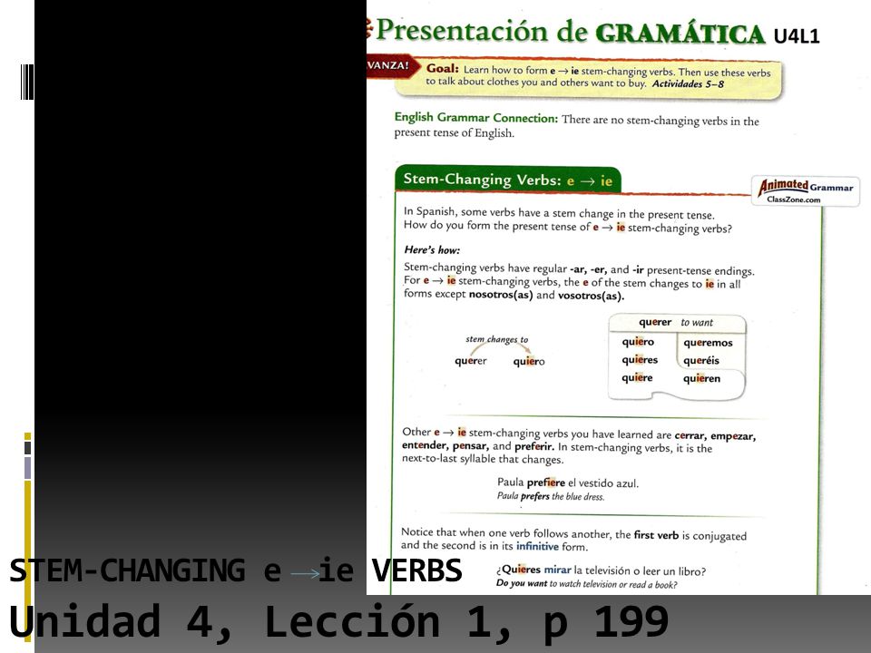 STEM-CHANGING e ie VERBS Unidad 4, Lección 1, p 199