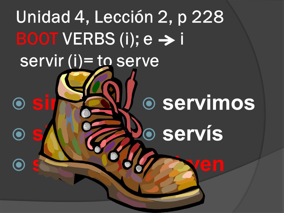 Unidad 4, Lección 2, p 228 BOOT VERBS (i); e i servir (i)= to serve