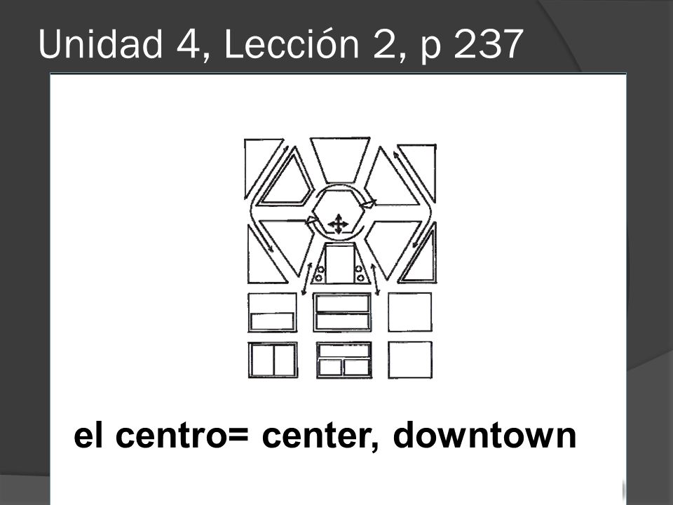 Unidad 4, Lección 2, p 237 el centro= center, downtown