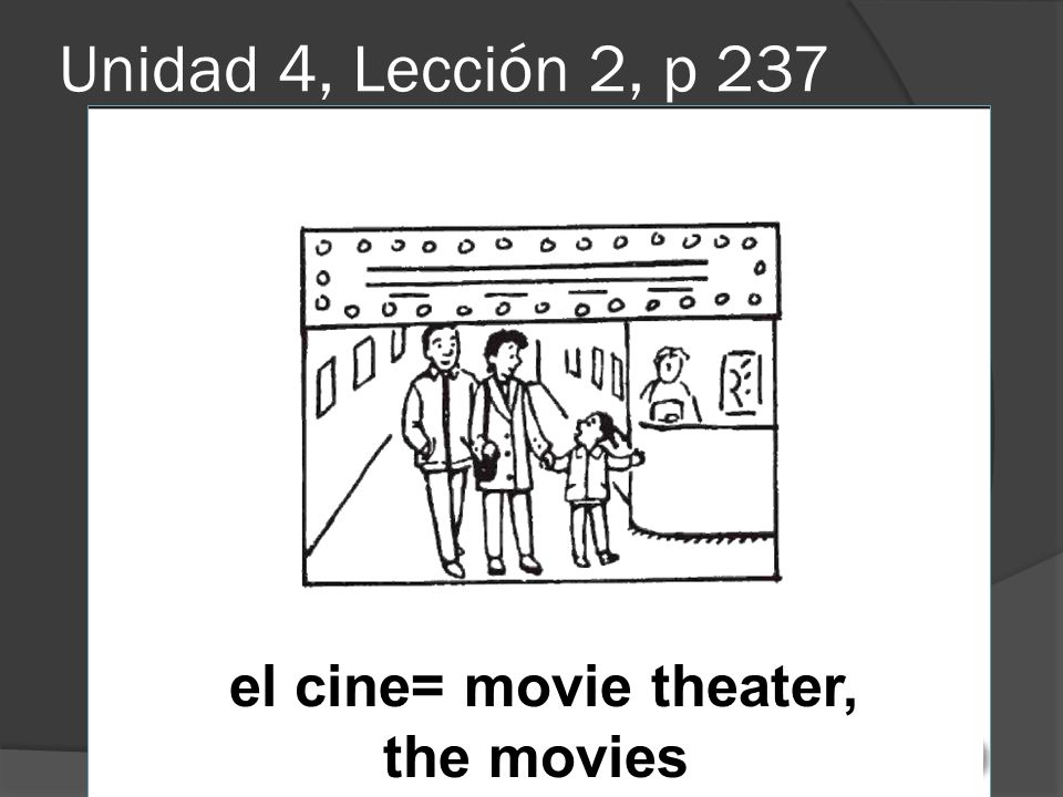 Unidad 4, Lección 2, p 237 el cine= movie theater, the movies